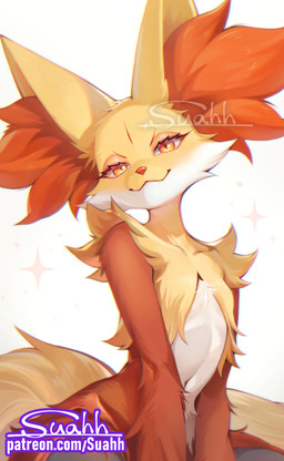 ambiguous_gender anthro eyelashes fur inner_ear_fluff looking_at_viewer multicolored_body orange_body orange_eyes orange_fur simple_background solo sparkles tuft white_body white_fur yellow_body yellow_fur suahh nintendo pokemon canid canine delphox generation_6_pokemon mammal pokemon_(species) 2026 signature