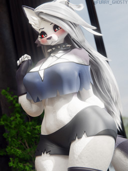 anthro big_breasts blush bottomwear breasts clothed clothing collar female fingerless_gloves front_view gloves handwear looking_at_viewer red_sclera shirt shorts solo spiked_collar spikes standing topwear white_body furry_ghosty dogzeela_(modeler) hellaverse helluva_boss mythology loona_(helluva_boss) canid canid_demon canine demon hellhound mammal mythological_canine mythological_creature 2025 3d_(artwork) absurd_res digital_media_(artwork) hi_res