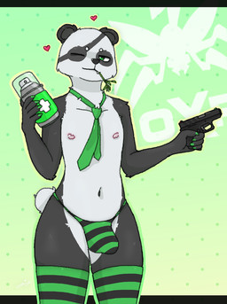 anthro big_bulge bulge chewing_grass clothing eye_patch_(marking) facial_markings femboy gun head_markings holding_object holding_weapon huge_bulge legwear male markings necktie patch_(marking) pattern_clothing ranged_weapon skinny solo stockings striped_clothing stripes thigh_highs thong underwear weapon uhotdog epic_games fortnite fortnite:_battle_royale agent_patch bear giant_panda mammal hi_res