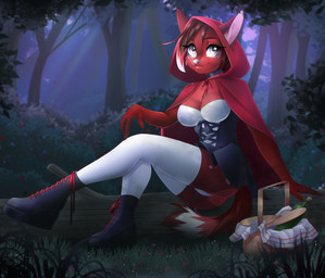 anthro biped boots bottle breasts brown_hair butt choker clothing container corset corset_dress cosplay detailed_background female footwear forest grass hair hood jewelry legwear lingerie log necklace night plant red_body shoes sitting smile solo stockings thigh_highs topwear tree underwear wood dannyckoo ladnelsiya fairy_tales little_red_riding_hood_(copyright) amelia_(chikachi) little_red_riding_hood canid canine canis mammal wolf 2018