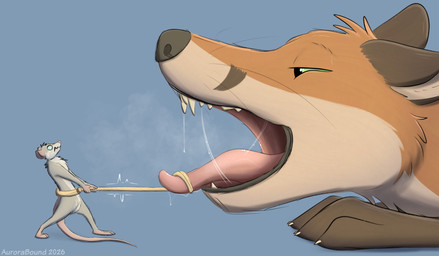 anthro bdsm bodily_fluids bondage bound countershading extreme_size_difference feral fur grey_body grey_fur imminent_vore macro micro orange_body orange_fur restraints rope rope_bondage saliva saliva_on_tongue saliva_string size_difference struggling sweat sweatdrop tongue tug_of_war vore aurorabound canid canine fox mammal mouse murid murine rodent hi_res