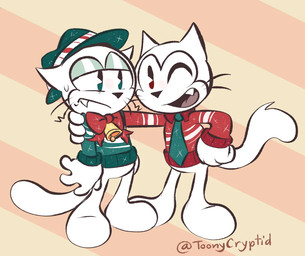 1920s_theme @_symbol anthro bell bow_tie duo male male/male mouth_closed one_eye_closed text whiskers toonycryptid catoon_(toonycryptid) tomic_(toonycryptid) domestic_cat felid feline felis mammal artist_name digital_drawing_(artwork) digital_media_(artwork) signature
