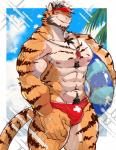 5_fingers abs anthro biceps bulge clothing cloud fingers fur looking_at_viewer male muscular muscular_anthro muscular_male nipples outside pecs simple_background solo summer underwear luwei_(artist) felid mammal pantherine tiger 2018