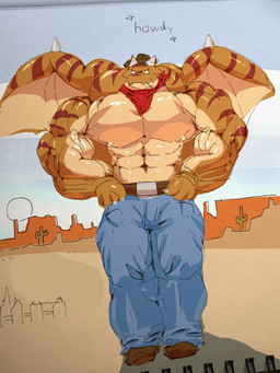 abs anthro barazoku belt belt_buckle big_muscles big_pecs biped bottomwear buckle clothed clothing cowboy_hat cowboy_outfit hat headgear headwear huge_muscles huge_pecs male muscular muscular_anthro muscular_male outside pants pecs solo text tongue topless topless_anthro topless_male vein buff_fox mythology dragon mythological_creature mythological_scalie scalie 3:4 digital_media_(artwork) hi_res traditional_media_(artwork)