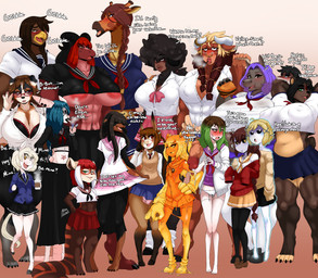 anthro beak beverage big_breasts big_penis blush breasts bulge camel_toe clothed clothing coffee female fur genitals group gynomorph hair hands_behind_head holidays intersex looking_at_viewer midriff muscular navel nipples open_mouth panties penis piercing simple_background slime smile smoke smoking stretching tail text underwear masamaki asian_mythology chinese_mythology east_asian_mythology european_mythology greek_mythology mythology valentine's_day ailurid aquatic avian bear bird bovid bovine canid canine canis caprine common_hippopotamus domestic_dog dragon equid equine fish galliform ghost giraffe giraffid goo_creature hippopotamid horse human humanoid jiangshi mammal minotaur murid murine mythological_creature mythological_scalie phasianid pony rat red_panda rodent scalie shark sheep spirit turkey undead 2020 absurd_res digital_media_(artwork) english_text hi_res