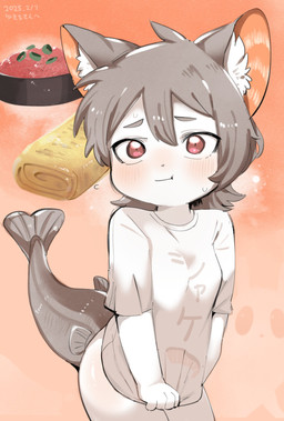 5_fingers bodily_fluids bottomless butt clothed clothed_humanoid clothing clothing_pull duo fingers fish_tail flying_sweatdrops food fur grey_body grey_fur grey_hair grey_tail hair inner_ear_fluff pink_inner_ear red_eyes shirt shirt_pull slight_blush smile solo_focus standing sweat sweatdrop tail text three-quarter_view topwear topwear_pull tuft white_inner_ear_fluff young young_humanoid oposa rain_world videocult animal_humanoid cat_humanoid felid felid_humanoid feline feline_humanoid humanoid mammal mammal_humanoid slugcat 2025 absurd_res artist_name colored dated hi_res japanese_description japanese_text