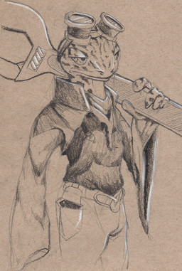 5_fingers ambiguous_gender anthro biped bottomwear clothing eyewear eyewear_on_head fingers front_view goggles goggles_on_head half-closed_eyes holding_object holding_tool holding_wrench jacket looking_aside mouth_closed narrowed_eyes pants pockets snout solo tools topwear wrench deriaz gecko lizard reptile scalie 2014 graphite_(artwork) monochrome portrait sepia sketch three-quarter_portrait traditional_media_(artwork)