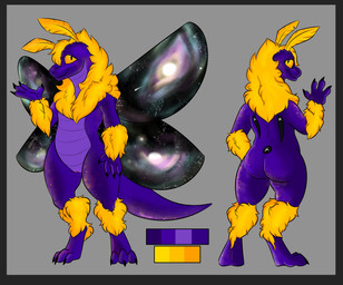 antennae_(anatomy) anthro black_border border butt female fluffy fur galaxy genitals looking_at_viewer nude purple_body purple_scales scales smile solo space sparkles standing star vulva wings yellow_body yellow_eyes yellow_fur stupidshepherd stardust_(zephyr) arthropod furred_kobold furred_scalie hybrid insect kobold lepidopteran moth mothbold scalie 2017 digital_media_(artwork) hi_res model_sheet shaded