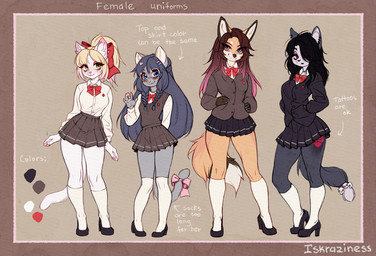 anthro biped black_hair blonde_hair blue_hair bottomwear breasts brown_hair claws clothed clothed_anthro clothed_female clothing female female_anthro fingers footwear front_view fully_clothed fully_clothed_anthro fully_clothed_female fur hair highlights_(coloring) looking_at_viewer multicolored_body multicolored_fur multicolored_hair pink_hair shoes smile standing tail text topwear two_tone_body two_tone_fur two_tone_hair iskra alisa_(iskra) duska helga_(iskra) serafima_(iskra) canid canine domestic_cat felid feline felis fox mammal 2025 artist_name colored detailed digital_drawing_(artwork) digital_media_(artwork) english_text hi_res shaded signature