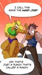 2019 5_fingers anthro big_breasts biped blonde_hair blue_clothing blue_shirt blue_topwear bottomwear breasts brown_body brown_bottomwear brown_clothing brown_fur brown_hair brown_pants callie_(furry_force) cleavage clothed clothing collegehumor comic crop_top cutoffs daisy_dukes denim denim_bottomwear denim_clothing dialogue duo english_text female fingers fluffy fluffy_tail fur furry_force green_clothing green_shirt green_topwear hair hi_res hotpants huge_breasts human kerchief komoroshi_(artist) long_hair long_tail male male/female mammal neckerchief one_eye_closed one_eye_obstructed pain pants plantigrade punch punching_face red_nose rodent sciurid shirt shorts speech_bubble tail tank_top text topwear tree_squirrel