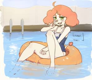 anthro clothing detailed_background female flotation_device fur green_eyes hair orange_hair pool_ring pulling_hair school_swimsuit solo swimming_pool swimwear tail touching_hair water white_body white_fur verashaabrthy canid canine canis domestic_dog mammal poodle 2025 absurd_res dated digital_media_(artwork) hi_res