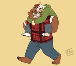 anthro blush bottomwear brown_body brown_fur carrying_another clothing duo eyes_closed fur hoodie hug hugging_another hugging_from_behind male male/male overweight overweight_male pants piggyback shirt simple_background topwear hashburrowns password_(visual_novel) dean_(password) bear brown_bear mammal ursine 2021 hi_res