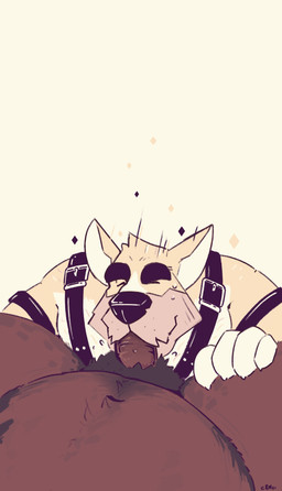 anthro belly big_belly black_harness black_nose black_pubes brown_penis duo erection eyes_closed front_view fur genitals harness head_tuft male male/male mouth_closed overweight overweight_anthro overweight_male penis penis_in_mouth pubes simple_background solo_focus tuft white_body white_fur yellow_body yellow_fur chocolateandmilk richard_(chocolateandmilk) canid canine canis domestic_dog mammal absurd_res hi_res