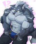 abs anthro biceps big_muscles bottomwear bulge clothed clothing fur jockstrap male muscular muscular_anthro muscular_male open_bottomwear open_clothing open_pants pants pecs simple_background solo topless underwear undressing naruever zack_(naruever) canid canine canis mammal wolf 2018 5:6 hi_res