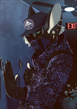 5_fingers anthro backpack blonde_hair ceiling_fan clothed clothing electric_fan exit_sign fingers freckles fur gold_(metal) hair hand_on_wall hat headgear headwear jacket jewelry locker_room looking_at_viewer male mask open_mouth pattern_clothing solo topwear yellow_eyes xdarkspace stoven_(xdarkspace) bat mammal absurd_res digital_media_(artwork) hi_res