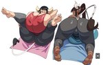 all_fours big_breasts big_butt bodily_fluids breasts brown_eyes butt duo female green_eyes hair horn huge_breasts huge_butt nipple_outline one_eye_closed ponytail simple_background sweat tail tail_tuft tuft white_background white_horn yoga thehelmetguy minerva_(gaikiken) tanya_(thehelmetguy) animal_humanoid bovid bovid_humanoid bovine bovine_humanoid cattle_humanoid horned_humanoid humanoid mammal mammal_humanoid 2023 absurd_res hi_res