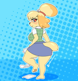 anthro big_breasts bottomwear breasts butt butt_pose clothed clothed_anthro clothed_female clothing eyebrows female female_anthro halftone_background heart_eyes heart_symbol looking_at_viewer monotone_bottomwear monotone_clothing monotone_skirt paper pattern_background pencil_skirt pose simple_background skirt smile solo conditional_dnp whisperfoot animal_crossing cc-by-nc-nd creative_commons nintendo isabelle_(animal_crossing) canid canine canis domestic_dog mammal shih_tzu toy_dog 2020 digital_media_(artwork) halftone hi_res