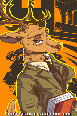 anthro antlers book clothed clothing ears_back holding_book holding_object horn looking_at_viewer necktie note pivoted_ears lucasmolla beastars deviantart louis_(beastars) cervine deer felid lion mammal pantherine red_deer 2020 2:3 comic headshot_portrait hi_res portrait