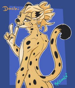 anthro black_spots blonde_hair butt claws ear_tuft eyebrow_piercing facial_piercing finger_claws flirting flirting_with_viewer fur gesture hair hand_gesture long_hair looking_at_viewer looking_back male markings piercing solo spots spotted_markings spotted_tail standing tail tail_markings tuft v_sign yellow_body yellow_fur msc_cat dachi fan_character cheetah felid feline mammal hi_res