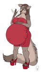 anthro belly belly_nipples big_belly big_breasts breasts brown_body brown_fur clothed clothing female footwear fur green_eyes high_heels huge_belly logo multi_breast narrowed_eyes nipples open_mouth platform_footwear platform_heels pregnant pregnant_anthro pregnant_female red_clothing red_footwear red_high_heels red_topwear shoes simple_background solo standing tongue tongue_out topwear translucent translucent_clothing translucent_topwear white_background milk-jug kellie_wulfstein canid canine mammal artist_logo full-length_portrait portrait