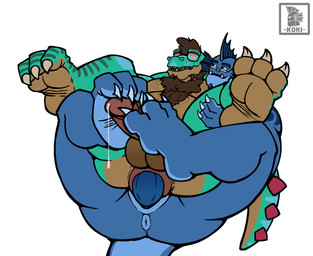 3_toes 5_fingers anthro anus arm_markings balls belly blue_body blue_markings blue_penis blue_spikes bodily_fluids body_hair brown_balls brown_body brown_hair brown_penis brown_soles chest_hair claws curling_toes duo elbow_markings eyebrows eyewear facial_hair feet fin fingers foot_fetish foot_focus foot_play footjob genital_fluids genitals glans glasses goatee green_body green_markings green_tail hair knee_markings leg_markings male markings musclegut muscular muscular_anthro muscular_male navel penetration penile penile_penetration penis pink_anus pink_glans precum puffy_anus red_eyebrows red_spikes sex shoulder_markings sideburns slightly_chubby slightly_chubby_anthro slightly_chubby_male smile spiked_tail spikes spikes_(anatomy) tail text thigh_markings toe_claws toes wearing_glasses white_toe_claws yellow_eyes koki_1 trick_rex_(character) dinosaur fish marine prehistoric_species reptile saurischian scalie theropod tyrannosaurid tyrannosauroid tyrannosaurus tyrannosaurus_rex 2025 artist_name colored digital_drawing_(artwork) digital_media_(artwork) english_text hi_res signature