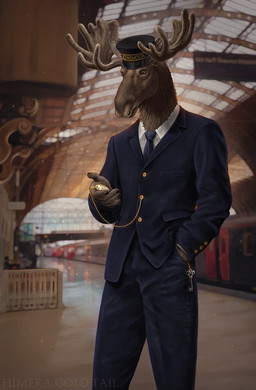 5_fingers anthro antlers biped blurred_background bottomwear brown_body brown_eyes brown_fur clock clothed clothing day detailed_background fingers fur hand_in_pocket hat headgear headwear horn jacket key male necktie pants pockets pocketwatch shirt solo standing suit suit_jacket text topwear train train_station uniform vehicle watch himeragoldtail deer mammal moose new_world_deer 2021 artist_name digital_media_(artwork) hi_res