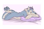 anthro black_nose blue_body blue_fur blue_pawpads crossed_arms ears_up fur legs_up looking_at_viewer lying male nude pawpads pillow purple_eyes smile solo tail_down white_body white_fur young patrikthedog canid canine canis mammal wolf