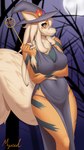 anthro arm_under_breasts big_breasts blonde_hair breasts brown_eyes clothing female hair hat headgear headwear looking_at_viewer moon night orange_body solo wand witch_hat myssedakes nintendo pokemon arcanine generation_1_pokemon pokemon_(species) absurd_res hi_res