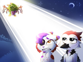 anthro beak black_body black_eyes black_feathers eyewear feathers female fur glasses green_body group hair light looking_at_another male male/female male/male markings moon night orange_eyes purple_body purple_hair red_body red_hair sky spots star teeth trio tuft white_body white_feathers white_fur wings yellow_eyes geniebuy mythology layvan avian bird domestic_cat dragon felid feline felis mammal mythological_creature mythological_scalie picid scalie woodpecker 2025 digital_media_(artwork) hi_res meme shaded