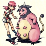 duo female feral gym_leader hair pink_hair simple_background tail white_background may_dog nintendo pokemon whitney_(pokemon) bovid bovine generation_2_pokemon human mammal miltank pokemon_(species) 1:1 low_res