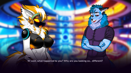 anthro big_breasts breasts clothed clothing duo ear_piercing female fluffy fur hair huge_breasts legwear machine male male/female piercing protogen_armor protogen_face protogen_visor screen simple_background tail text thick_thighs thigh_highs zhadart dirty_fox_games my_furry_protogen juno_(my_furry_protogen) lance_(my_furry_protogen) canid canine canis mammal protogen wolf 16:9 digital_media_(artwork) english_text hi_res widescreen