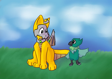 3_toes all_fours ambiguous_gender beak black_beak black_feet duo feathers feet feral gesture grass_background halo hand_gesture mask pointing pointing_outside pointy_ears prick_ears scales sitting sitting_on_ground tail teal_body teal_feathers toes wearing_mask wing_armor wings yellow_body yellow_scales shimpleshe mythology exofate_(thatonefurryeverywhere) pastwind_(thatonefurryeverywhere) avian dragon mythological_creature mythological_scalie scalie absurd_res hi_res