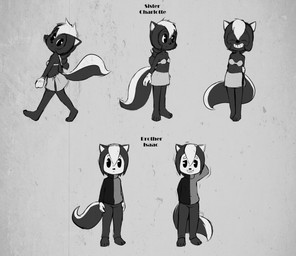 4_fingers 4_toes adolescent anthro barefoot black_body black_hair bottomwear bra clothing feet female fingers fur_hair gloves grey_background hair handwear long_sleeves male markings multicolored_body multicolored_hair pac-man_eyes pants shirt shoulderless_topwear simple_background skirt smile smiling_at_viewer striped_body striped_markings striped_tail stripes sweater tail tail_markings teeth text toes topwear turtleneck underwear vertical_stripes white_body white_hair white_inner_ear young young_anthro young_female young_male e254e charlotte_(e254e) issac_(e254e) mammal mephitid skunk 2021 english_text greyscale monochrome brother_(lore) brother_and_sister_(lore) sibling_(lore) sister_(lore)