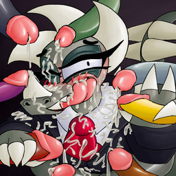 anthro aroused back_spikes black_clothing black_eyeshadow black_suit blush bodily_fluids bottomless bukkake business_suit clothed clothing collared_shirt cum cum_drip cum_everywhere cum_in_mouth cum_inside cum_on_arm cum_on_belly cum_on_body cum_on_cheek cum_on_chest cum_on_chin cum_on_clothing cum_on_face cum_on_head cum_on_penis cum_on_tongue double_handjob dripping ejaculation erection excessive_cum excessive_genital_fluids eyelashes eyeshadow facial_horn femboy gangbang genital_fluids genitals gesture group group_sex hand_gesture handjob head_horn horn hyper hyper_cum leaning leaning_forward legs_together licking licking_cum licking_lips licking_own_lips looking_at_viewer makeup male male/male messy necktie nose_horn one_eye_closed open_mouth open_smile penile penis penis_on_face penis_on_head red_necktie sex shirt smile spikes spikes_(anatomy) suit surrounded_by_penises tail thick_thighs tongue tongue_out toony topwear v_sign white_collared_shirt wink nbac62mek49 godzilla_(series) toho angirasu anguirus dinosaur prehistoric_species reptile scalie 1:1 digital_drawing_(artwork) digital_media_(artwork) digital_painting_(artwork) half-length_portrait low_res painting_(artwork) portrait