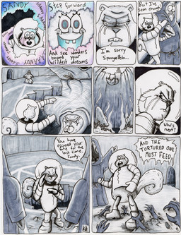 acid anthro biped bodily_fluids buckteeth clothed clothing crying dialogue eyelashes female gore group pit pupils robe smile speech_bubble tears teeth text thick_thighs stillinthesimulation nickelodeon spongebob_squarepants patrick_star sandy_cheeks spongebob_squarepants_(character) aquatic asterozoan echinoderm mammal rodent sciurid sea_sponge starfish tree_squirrel absurd_res comic english_text hi_res