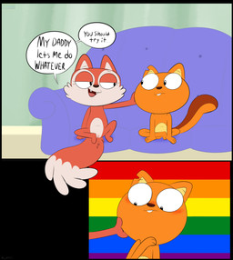 anthro dialogue duo female female/female gay_panic genitals hand_on_cheek lgbt_pride pride_colors rainbow rainbow_pride_colors six-stripe_rainbow_pride_colors vulva young avoid_posting kippykat disney kiff_(series) candle_fox kiff_chatterley canid canine fox mammal red_fox rodent sciurid tree_squirrel true_fox absurd_res comic hi_res
