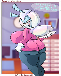 annoyed big_breasts big_butt bottomwear breasts butt butt_focus clothing dialogue female huge_breasts huge_butt leggings legwear looking_at_own_butt office office_clothing pink_eyes shortstack skirt solo speech_bubble struggling_to_fit wide_hips wings chaossabre sonomatic idw_publishing sega sonic_the_hedgehog_(comics) sonic_the_hedgehog_(idw) sonic_the_hedgehog_(series) jewel_the_beetle arthropod beetle insect artist_collaboration hi_res