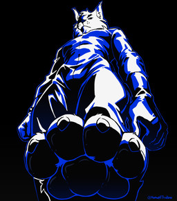 anthro black_background claws feet foot_focus looming looming_over male negative_space paws reflective_clothing simple_background solo standing_over_viewer toes howellthabear felid feline lynx mammal hi_res restricted_palette