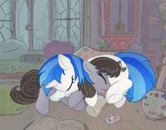 ageplay baby_bottle clothed clothing cuddling diaper duo female female/female feral horn hug infantilism inside on_ground pacifier roleplay sleeping wearing_diaper asdfasfasda friendship_is_magic hasbro my_little_pony mythology octavia_(mlp) vinyl_scratch_(mlp) equid equine horse mammal mythological_creature mythological_equine pony unicorn hi_res