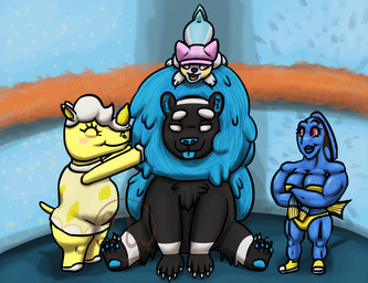 3_fingers anthro arm_fin belly big_belly bikini black_markings blue_inner_ear blue_lips blue_mane blue_nose blue_pawpads blue_tail blue_tongue blue_wall blush breasts buckteeth chest_tuft claws clothed clothed_anthro clothing crossed_arms dress eyebrows eyelashes eyes_closed featureless_arms featureless_legs female female_anthro feral fin finger_claws fingers food footwear fruit fully_clothed fully_clothed_anthro fur fur_markings grey_sclera group hair half-closed_eyes hat hat_only headgear headgear_only headwear headwear_only horn larger_anthro larger_female larger_male lemon light lips logo looking_at_another lying_on_another male male_feral mane markings mostly_nude multicolored_body multicolored_fur muscular muscular_anthro muscular_female muscular_thighs narrowed_eyes no_pupils non-mammal_breasts noseless obese obese_anthro on_another overweight overweight_anthro panties pawpads petting pink_eyes pink_tongue plant purple_clothing purple_eyes purple_hat purple_headwear shoes sitting sitting_on_ground size_difference smaller_anthro smaller_feral smaller_male smile smiling_at_another socks standing swimwear tail tail_fin teeth thick_thighs toe_claws tongue tongue_out tuft two-piece_swimsuit two_tone_body two_tone_fur two_tone_tail underwear wall_(structure) white_body white_claws white_clothing white_eyebrows white_footwear white_fur white_hair white_markings white_socks white_tail yellow_bikini yellow_body yellow_clothing yellow_dress yellow_footwear yellow_horn yellow_panties yellow_shoes yellow_skin yellow_swimwear yellow_tail yellow_underwear skywater animal_crossing disney finding_nemo nintendo pixar pokemon berri_(coolkaius) citra_(coolkaius) dory_(finding_nemo) fan_character usirihcap_(coolkaius) acanthurid aquatic bear fish food_creature generation_4_pokemon mammal pachirisu pokemon_(species) regal_tang rhinoceros 2019 artist_logo colored digital_drawing_(artwork) digital_media_(artwork) english_description hi_res lighting shaded