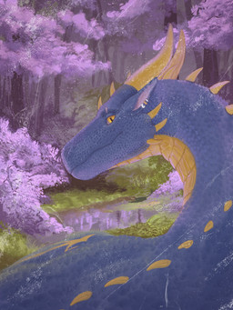 ambiguous_gender blue_body blue_scales feral forest horn plant scales solo spikes spikes_(anatomy) tree vintage yellow_horn lisiya mythology dragon mythological_creature mythological_scalie scalie 3:4 hi_res portrait male_(lore)