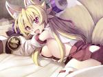 :d armwear blonde_hair breasts clothing detached_sleeves dust_cloud fangs female fox_tail hair legwear long_hair looking_at_viewer lying multi_tail nipples open_mouth pillow red_eyes scroll smile solo tail teeth thigh_highs white_clothing white_legwear saru_000 shinrabanshou izuna_(shinrabanshou) animal_humanoid canid canid_humanoid canine canine_humanoid fox fox_humanoid humanoid mammal mammal_humanoid 4:3