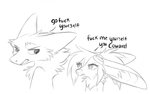 anthro dialogue eyewear female fur goggles humor male profanity simple_background text white_background aseethe cassius_(oldmancassius) melody_(aseethe) canid canine fennec_fox fox mammal sergal true_fox digital_media_(artwork) english_text monochrome sketch