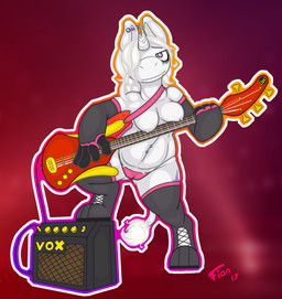 1_horn amplifier anthro barbell_piercing bass_guitar breasts broken_horn clothing ear_piercing female gloves guitar hair handwear holding_bass holding_musical_instrument holding_object horn industrial_piercing legwear looking_at_viewer multiple_piercings musical_instrument navel navel_piercing nipple_barbell nipple_piercing nipples one_nipple_pierced piercing playing_guitar playing_music plucked_string_instrument pubes simple_background slightly_chubby solo standing string_instrument thong underwear unicorn_horn fionthebunny mythology vox_amplification marie_shiner equid equine mammal mythological_creature mythological_equine unicorn 2017 digital_media_(artwork) hi_res signature