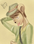 anthro black_nose brown_hair clothed clothing fedora fur grey_eyes hair hand_behind_head hat headgear headwear male shirt short_hair side_view solo tan_body tan_fur text tongue tongue_out topwear unknown_artist adventure_time cartoon_network party_pat bear mammal party_bear character_name english_text