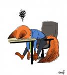 3_toes 4_fingers anthro barefoot belt biped bottomwear brown_body brown_fur canid canine chair claws clothed clothing disney dress_shirt feet fingers fox fully_clothed fur furniture male mammal nick_wilde office_chair orange_body orange_fur pants red_fox sanjiseo shirt simple_background sitting solo table tired toes toony topwear true_fox white_background zootopia
