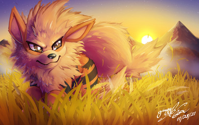 ambiguous_gender brown_eyes feral fur grass mountain orange_body orange_fur outside plant quadruped running solo striped_body striped_fur stripes sunset gingy_k_fox nintendo pokemon arcanine canid canine generation_1_pokemon mammal pokemon_(species) 2021 shaded signature