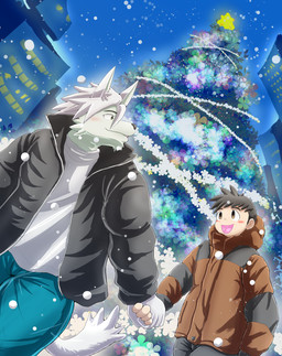 anthro bottomwear brown_eyes christmas_tree clothing detailed_background duo holidays jacket male male/male night pants plant shirt topwear tree white_clothing white_shirt white_topwear wo christmas morenatsu hiroyuki_nishimura kouya_aotsuki canid canine canis domestic_dog human humanoid husky mammal nordic_sled_dog spitz 2022 hi_res