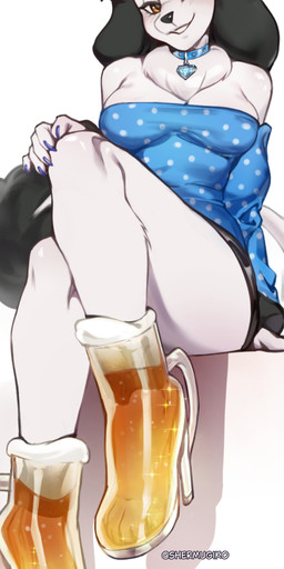 accessory alcohol anthro beer beer_foam beer_mug_heels beverage biped black_hair black_nose blue_bow blue_clothing blue_dress blue_nails blush bow_ribbon breasts chest_tuft claws clothed clothed_anthro clothed_female clothing collar colored_nails diamond_(gem) dress feet female female_anthro fingers foot_focus footwear front_view fur gem glass_shoes hair hair_accessory hair_bow hair_ribbon high_heels looking_at_viewer nails plantigrade polka_dots raised_heel ribbons shoes simple_background sitting smile solo tail toes tuft white_body white_fur yellow_eyes shermugi meme_clothing princess_(nicoya) canid canine canis domestic_dog mammal poodle 2026 absurd_res digital_drawing_(artwork) digital_media_(artwork) hi_res meme