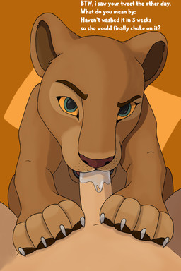 bestiality blue_eyes bodily_fluids brown_body brown_eyebrows brown_fur brown_nose brown_pawpads claws dialogue duo erection eyebrows fellatio female female_penetrated feral feral_penetrated finger_claws first_person_view fur genitals grey_claws human_on_feral human_penetrating human_penetrating_feral human_pov humanoid_genitalia interspecies male male/female male_on_feral male_penetrating male_penetrating_female male_pov oral oral_penetration pawpads paws penetration penile penis question_mark raised_eyebrow saliva saliva_on_penis sex simple_background sitting talking_to_viewer tan_body text toony yellow_sclera lotnik5 disney the_lion_king nala_(the_lion_king) felid human lion mammal pantherine 2:3 english_text hi_res shaded simple_shading